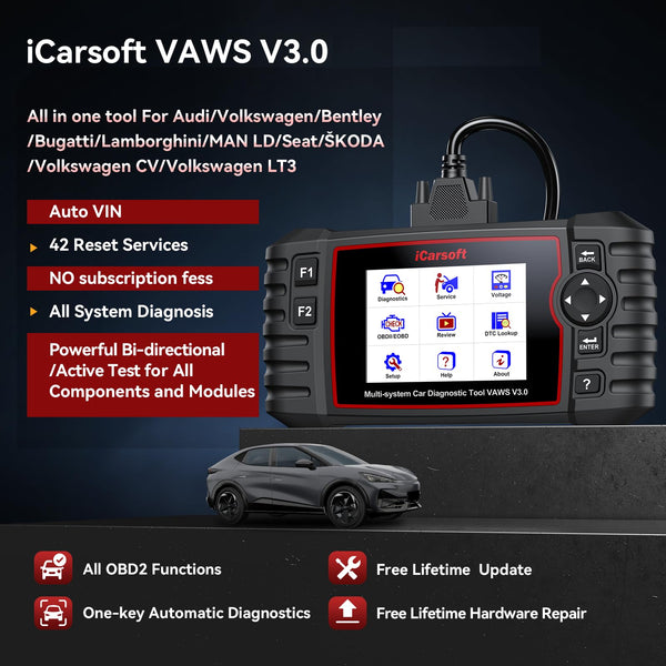 iCarsoft VAWS V3.0 OBD2 Scanner for VW/AUDI/Skoda/SEAT, Full System Diagnostic Tool with 42 Service Function, Oil/EPB/SAS/BMS/ETC/DPF/INJ/SPS, Bi-Directional Car Code Reader, Auto VIN, Lifetime Update