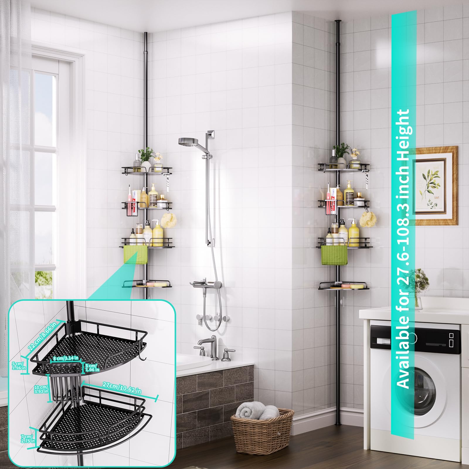 HapiRm Telescopic Shower Caddy Corner- 4-Tier Adjustable Shower Organiser with Toothbrush Holder and Hooks, Rustproof No Drilling Bathroom Shelf,