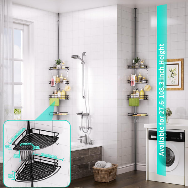 HapiRm Telescopic Shower Caddy Corner- 4-Tier Adjustable Shower Organiser with Toothbrush Holder and Hooks, Rustproof No Drilling Bathroom Shelf,