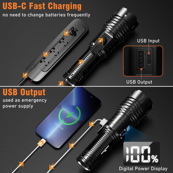 Shadowhawk Torches LED Super Bright Rechargeable, Flashlight 500000 Lumens XHM77.2 Torches Battery Powered, Powerful Tactical Flash Light Torch, USB Hand Torch for Dog Walking Camping Emergency Gift