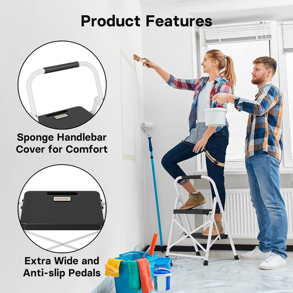 BONTEC 2 Step Ladder, Capacity 150KG with Wide Anti-Slip Pedals, Folding Steel Step Stool, Sponge Handlebar, Lightweight Portable Ladder Suitable for Home, Kitchen, Pantry, Indoor/Outdoor Use, Black