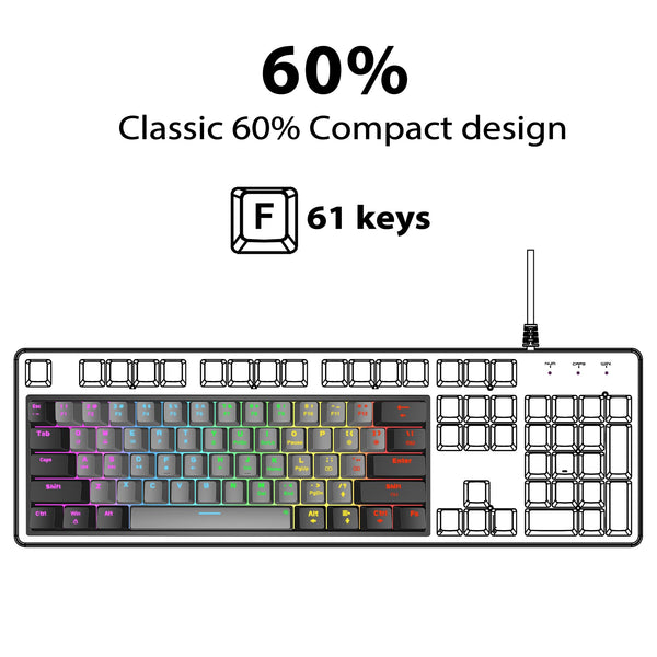 Snpurdiri 60% Wired Mechanical Gaming Keyboard, Mini 61-Key With Red Switches for PC, Windows XP, Win 7, Win 10 (Black-Red)