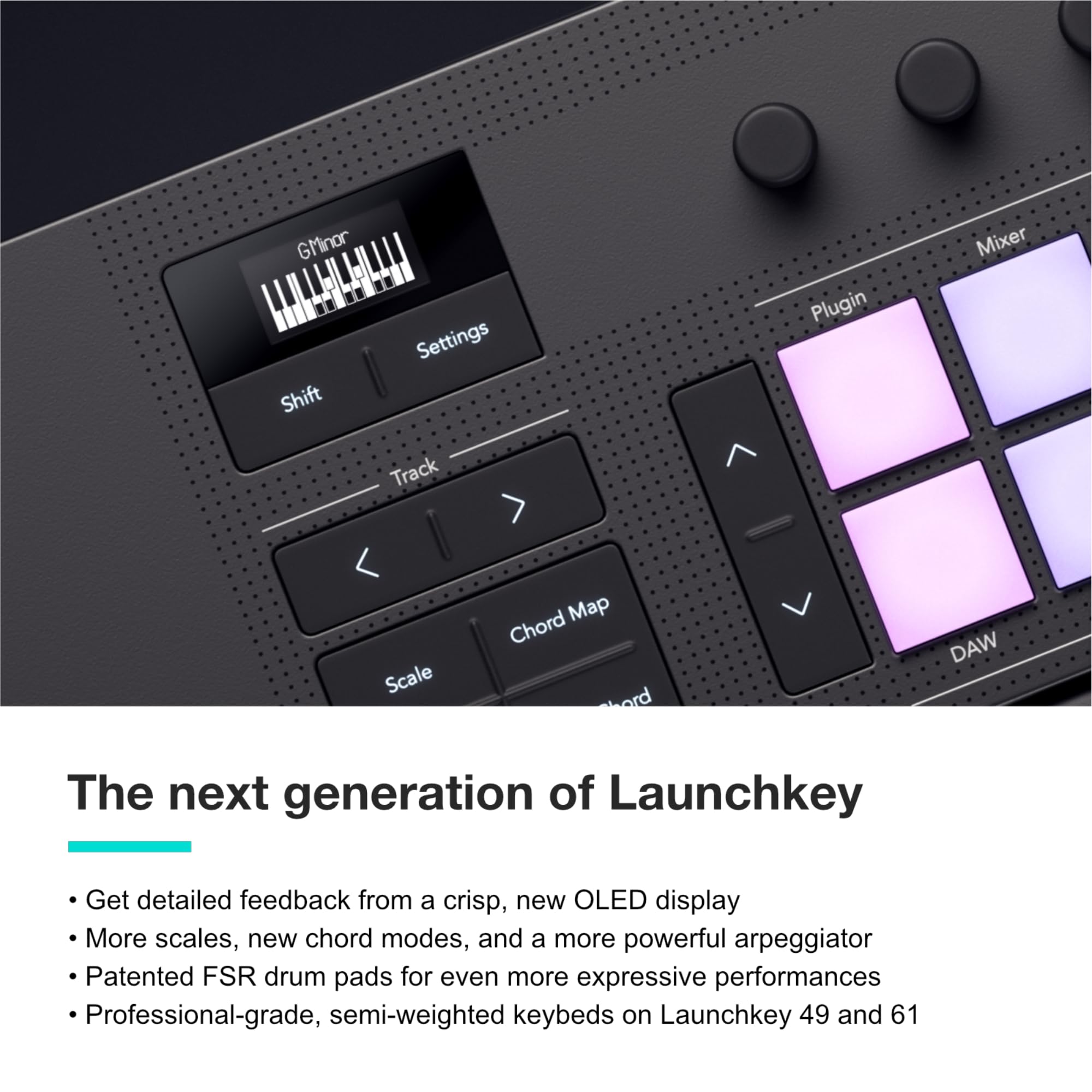 Novation Launchkey Mini 25 [MK4] — Portable 25 Mini-Key, USB, MIDI Keyboard Controller with DAW Integration. Chord Mode, Scale Mode, Drum Pads, and Arpeggiator. Includes Music Creation Software Bundle