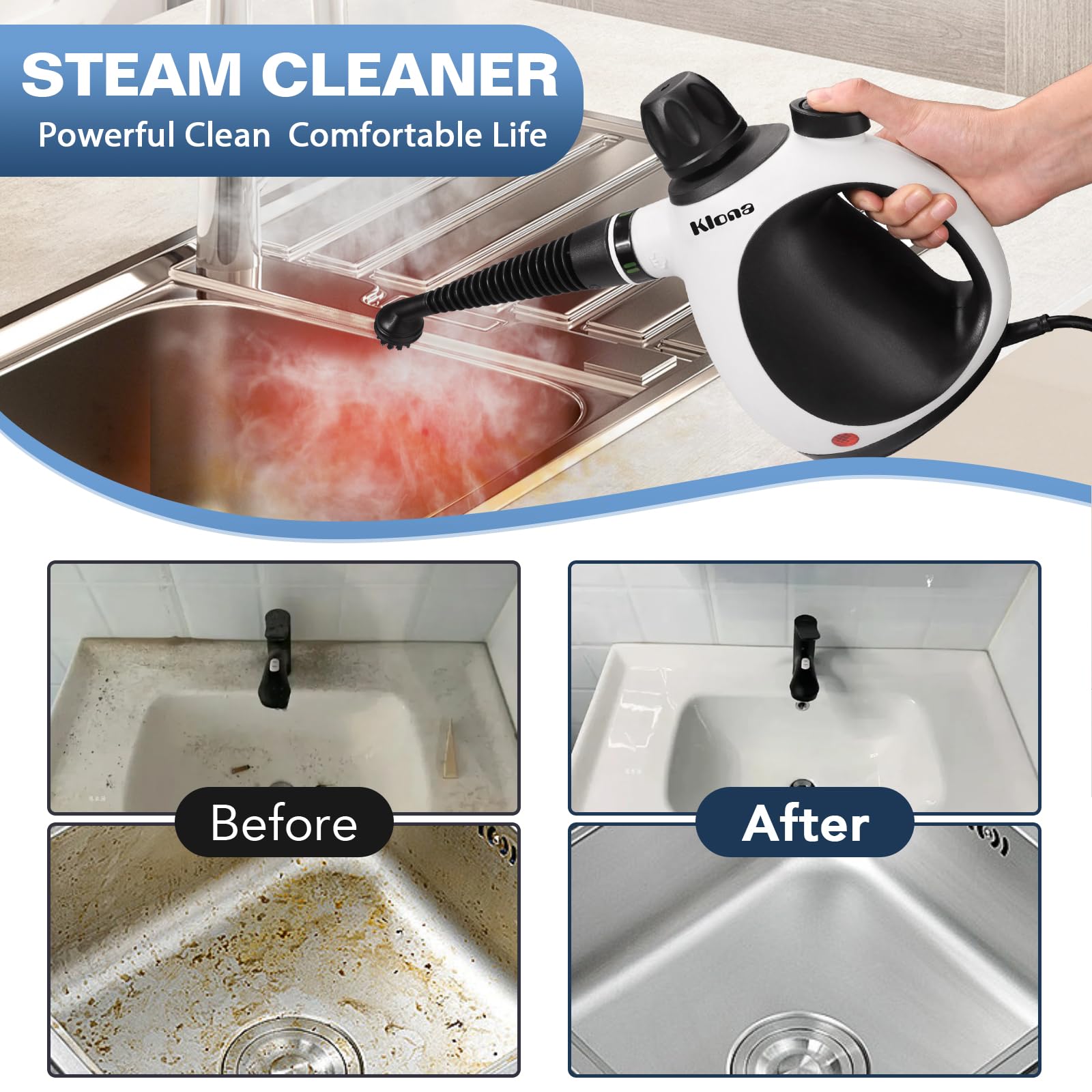 Klona Portable Steam Cleaner, Hand Held steamers for cleaning house, Home Multi Purpose - 10-Piece Accessory Kit for Sofa, Carpets, Upholstery