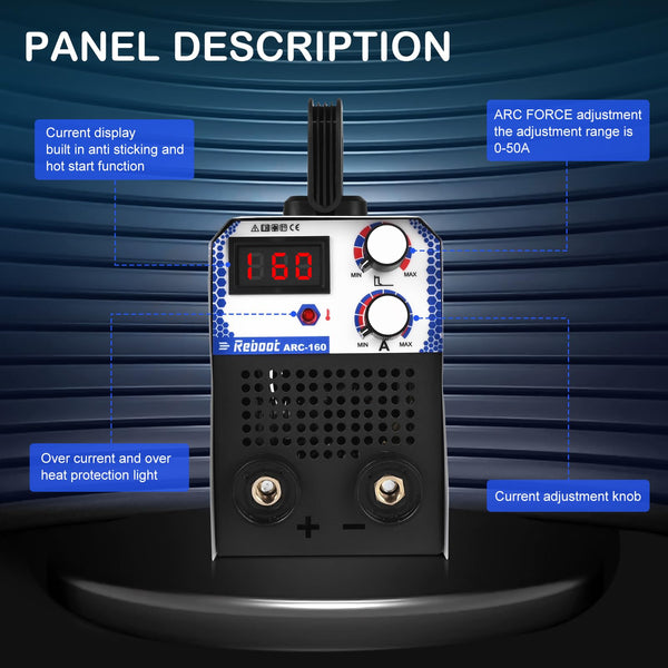Reboot Arc Stick/MMA 2 in 1 Welder,160Amp 220V Portable Mini Welding Machine IGBT Digital Display LCD Hot Start Arc Force Anti-Stick for DIY Enthusiasts & Professionals