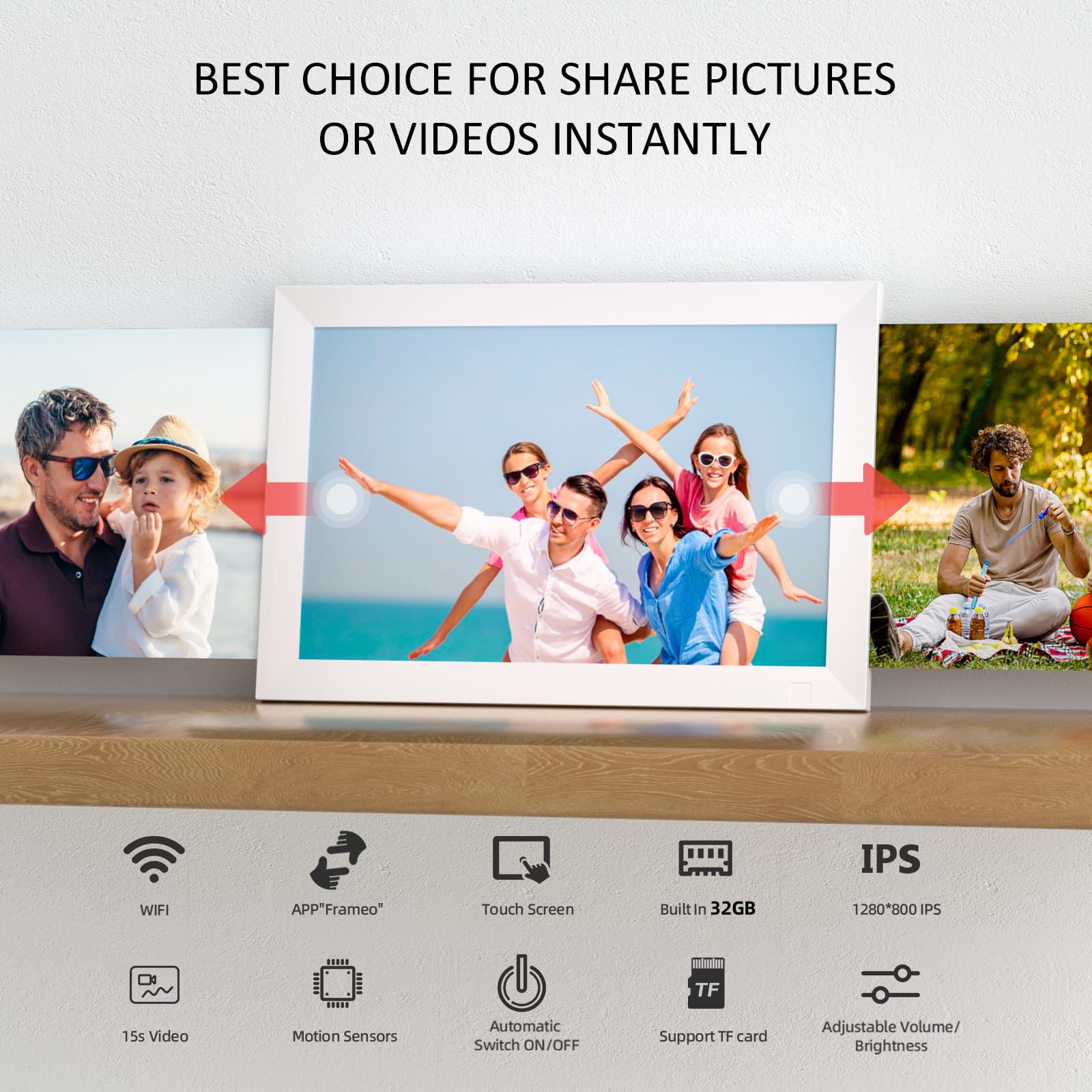 10.1 Inch WiFi Digital Photo Frame Built in 32GB Memory, 1280x800 IPS LCD Touchscreen, Auto-Rotate and Audio, Quick and Easy Share Photos or Videos via the Frameo App, the Best Choice for Gifting