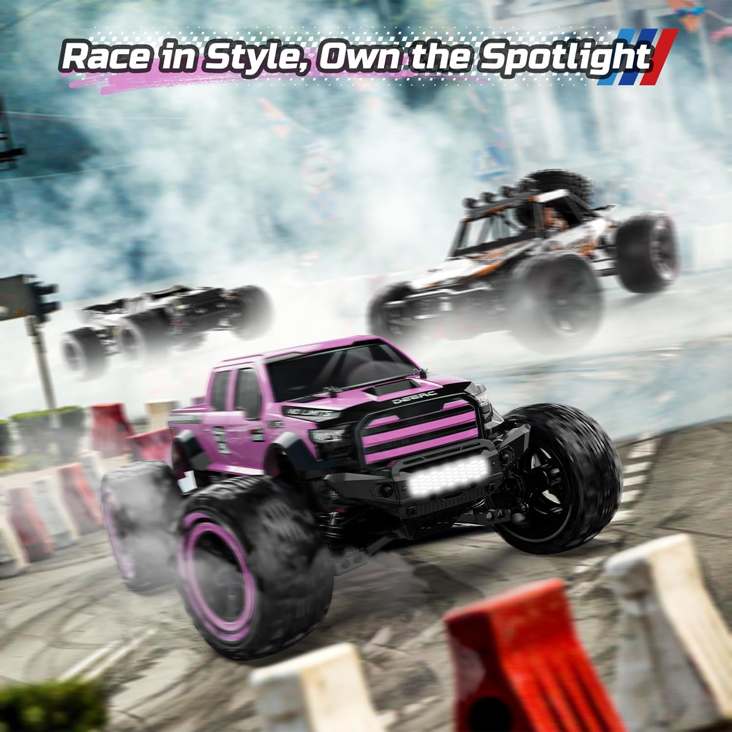 DEERC 1:10 Fast RC Cars for Adults, 4X4 Hobby Remote Control Monster Truck, 48+KM/H, All Terrain High Speed Pink RC Truck Crawler with 2 Modular Batteries, Toy Vehicle Gift for Kids