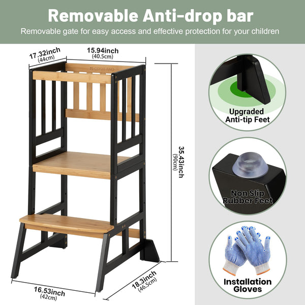 COSYLAND Height Adjustable Kids Kitchen Step Stool with Anti-tip Support Corners - Kids Standing Tower for Kitchen Counter, Bathroom, Nursery (Black)