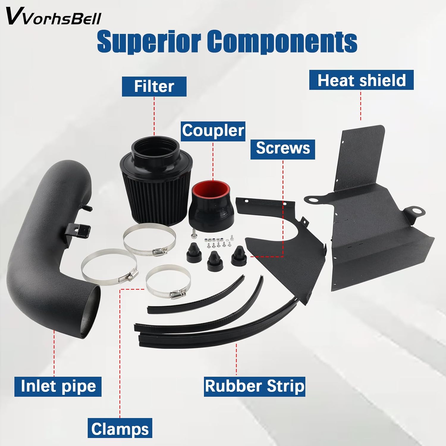 VVORHSBELL Cold Air Intake Compatible with 2015-2020 VW Golf GTi R MK7 1.8T 2.0T & Passat 2.0T EA888 Engine Aluminum High Flow Intake with Heat Shield, 7-10% HP Increase, Reusable Cone Filter