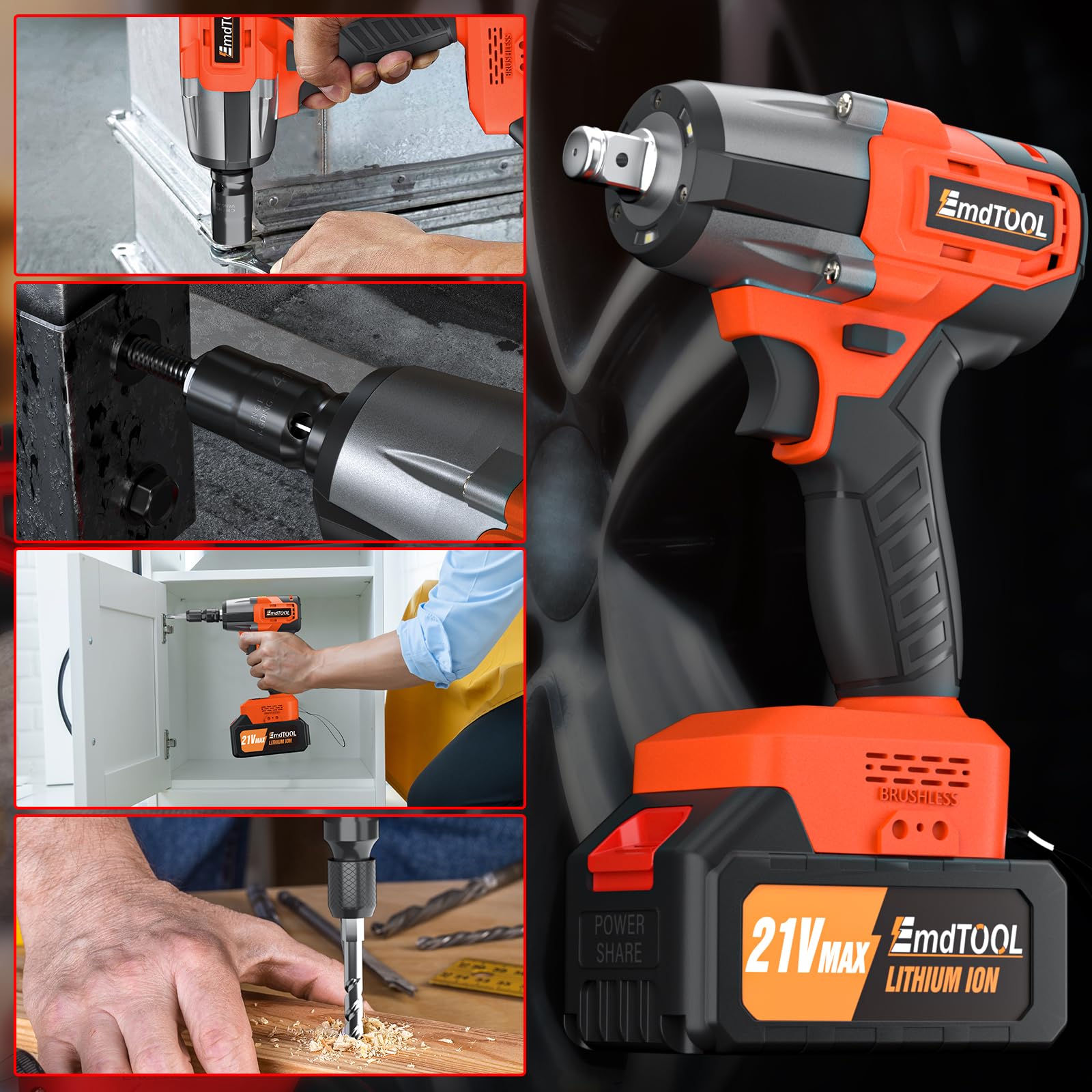 Cordless Impact Wrench,1/2" Brushless Power Impact Gun,2500RPM Electric Wrench, Max Torque 550N.m with 4 Sockets, 12PCS Screwdriver Bits, 4.0Ah Battery & Carry Box for Car Home