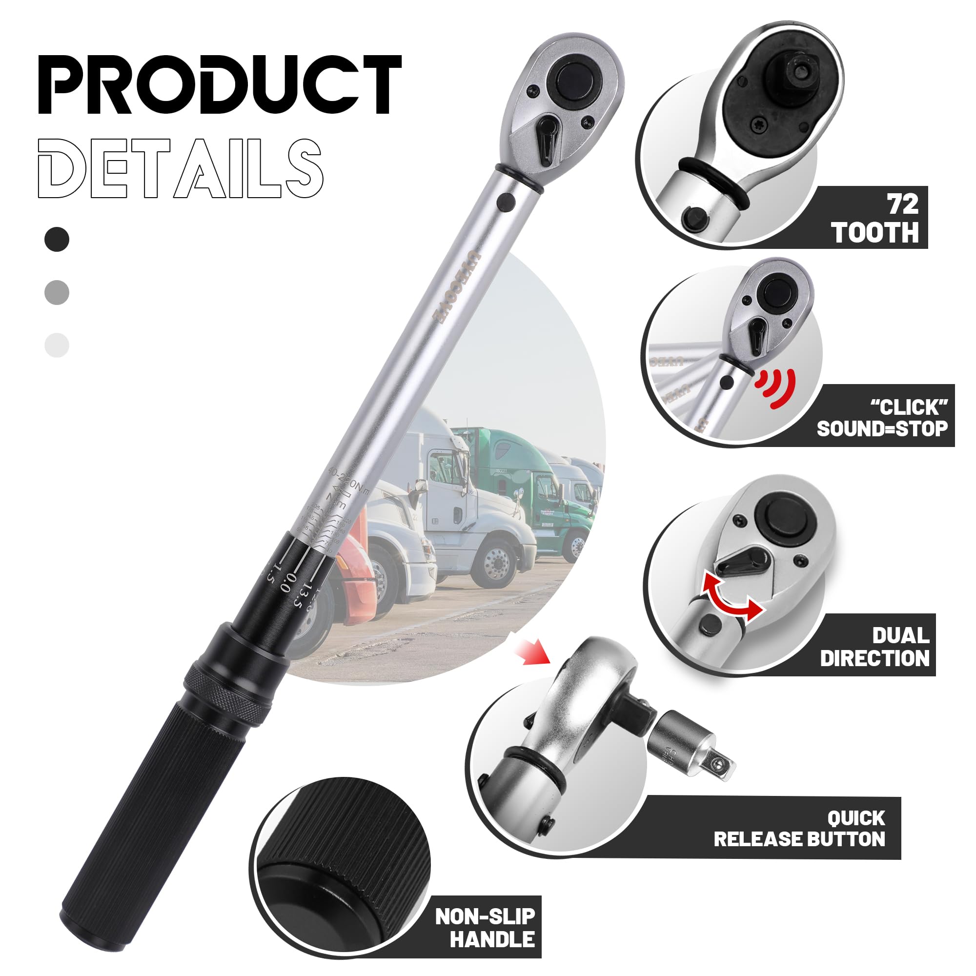 Torque Wrench Set 1/4 5-25Nm, 3/8 20-120Nm, 1/2 40-220Nm, 72 Tooth Dual-Direction Reversible Click Torque Wrenches for Bike Motorcycle, Car, Truck
