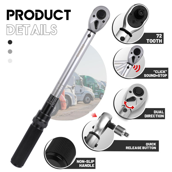 Torque Wrench Set 1/4 5-25Nm, 3/8 20-120Nm, 1/2 40-220Nm, 72 Tooth Dual-Direction Reversible Click Torque Wrenches for Bike Motorcycle, Car, Truck