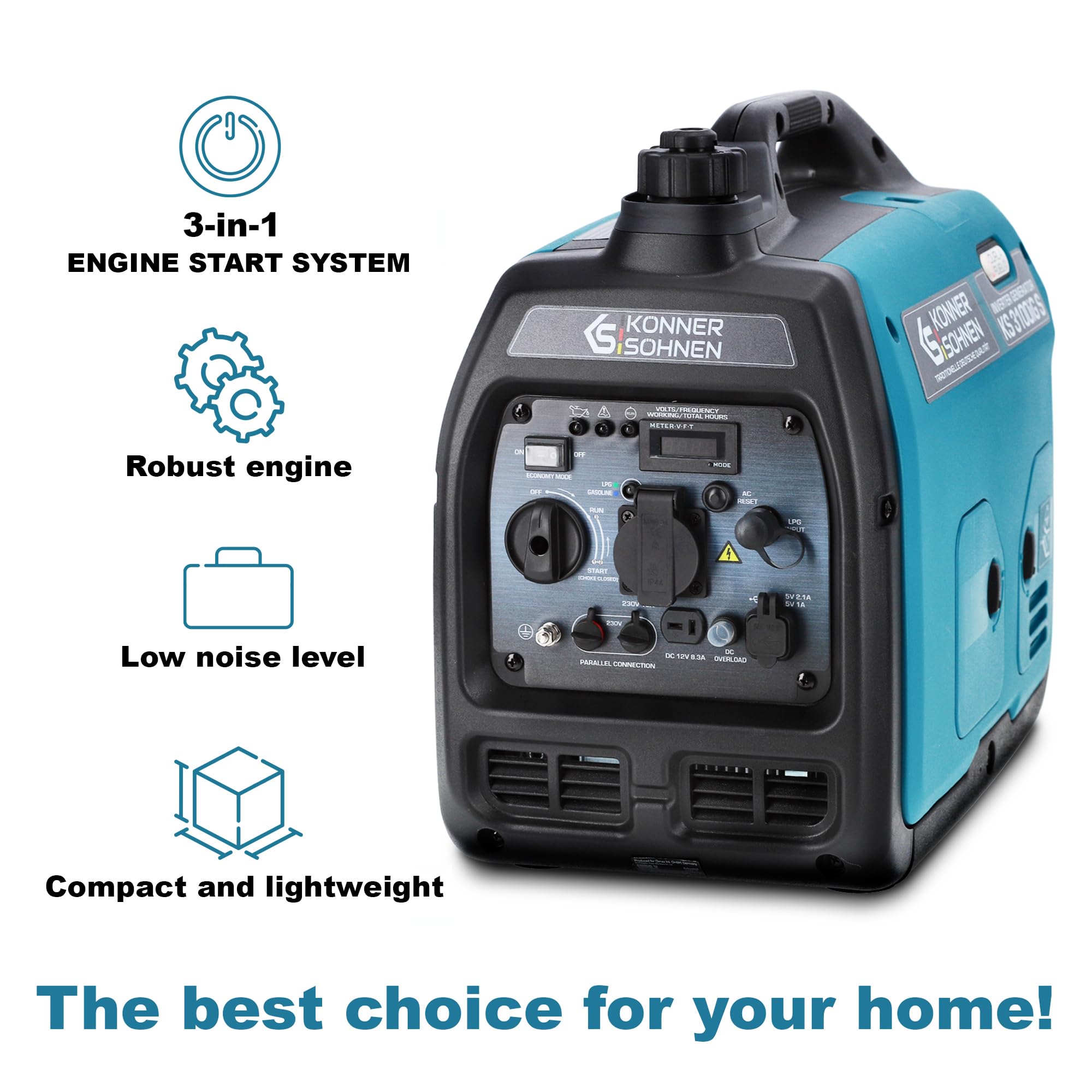 Könner & Söhnen KS 3100iG S portable LPG/petrol inverter generator 3100 W,UK Plug Socket 1x13 A (230 V), 2 USB ports,copper winding,silent inverter generator,dual fuel generator
