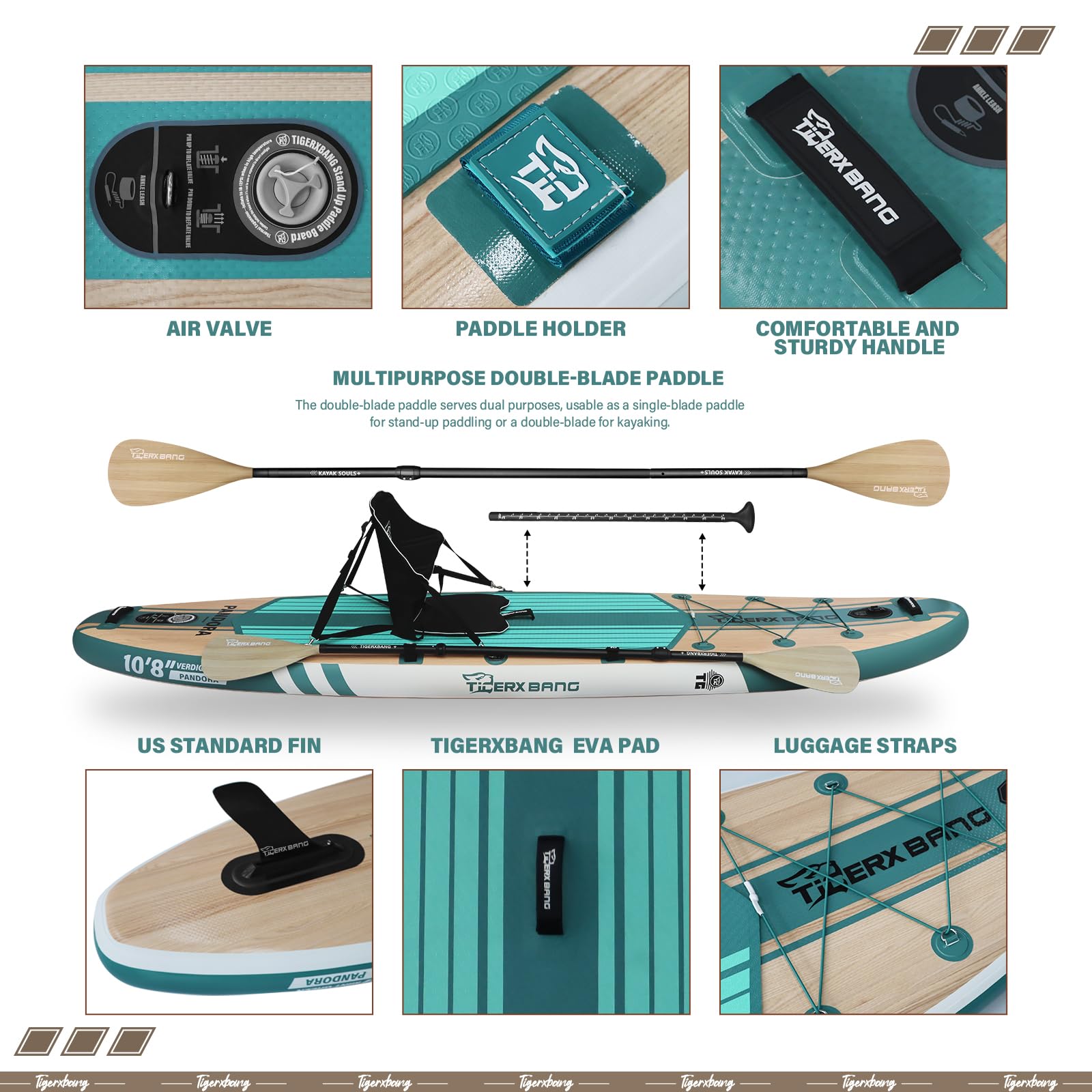 TIGERXBANG Paddle Board, 10.8' Stand Up Paddleboarding with Premium Complete Inflatable SUP Accessories, Extra Wide Paddleboards for Adults & Kids-Pandora Collection