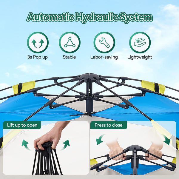 Warmiehomy Camping Tent, 3-4 Person Pop up Tent, Automatic Waterproof Dome Tent with 2 Mesh Doors, 2 Mesh Windows, Roof Skylights, Outdoor Camping Tents for Garden Fishing Picnic