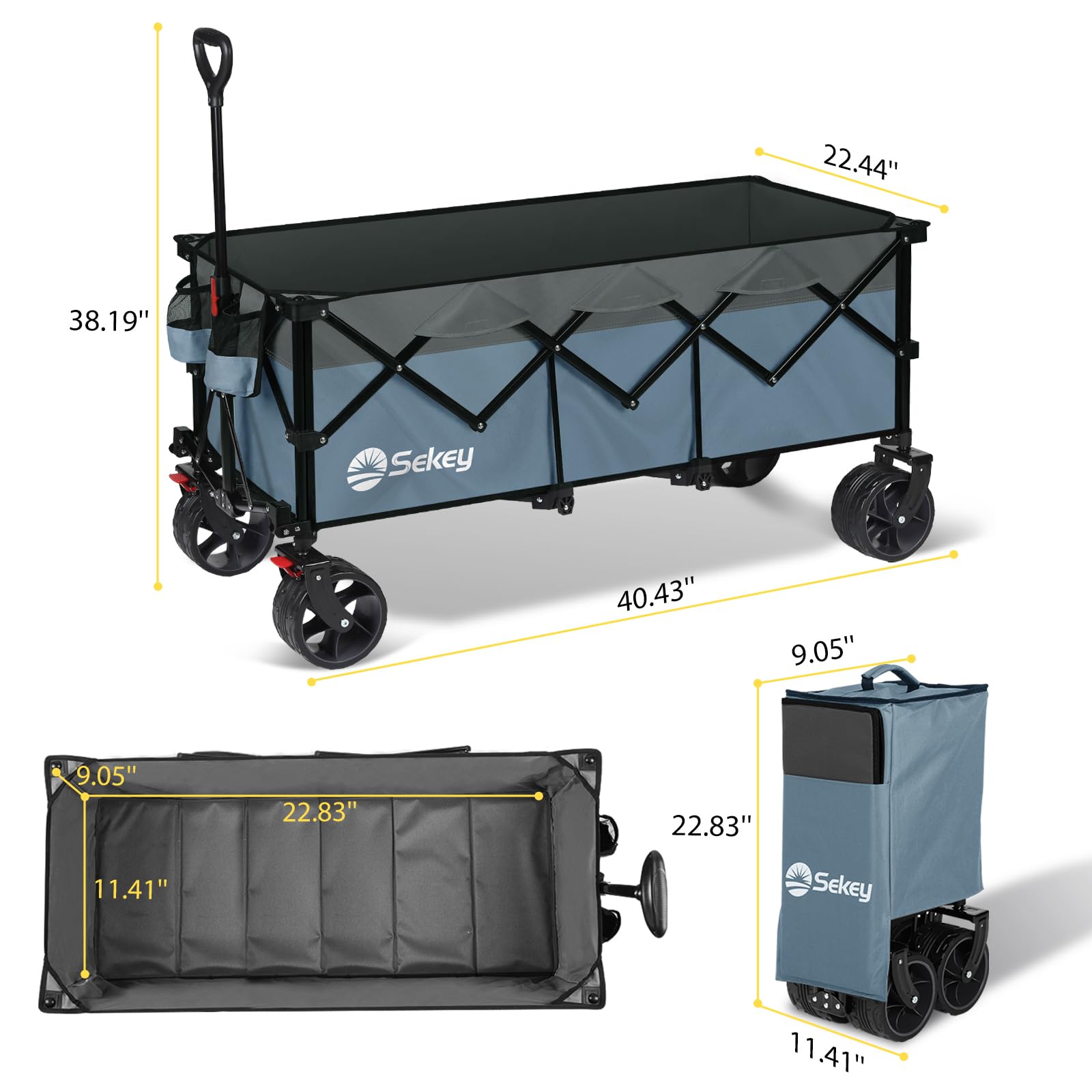 Sekey 200L Folding Festival Trolley with All-Terrain Extra Wide Wheels and Brake, Heavy-Duty Cart Loadable up to 150KG, Patented Four-Directional Foldable Design, Wagon for Beach Camping Outdoor, Grey