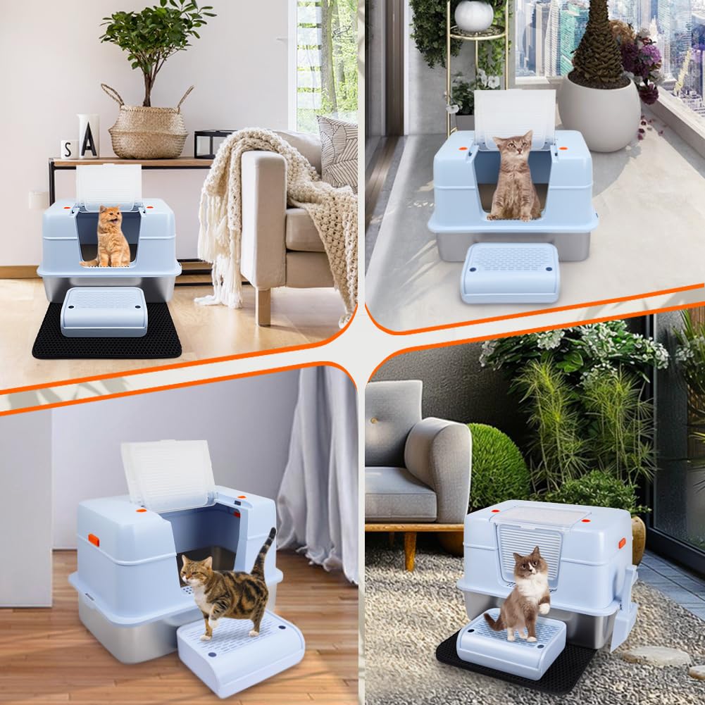 Vivifying Enclosed Stainless Steel Cat Litter Box with Lid, High-Sided, Removable and Metal Leak-Proof Stainless Steel Cat Litter Tray with Scoop, Steps and Mat (Black)