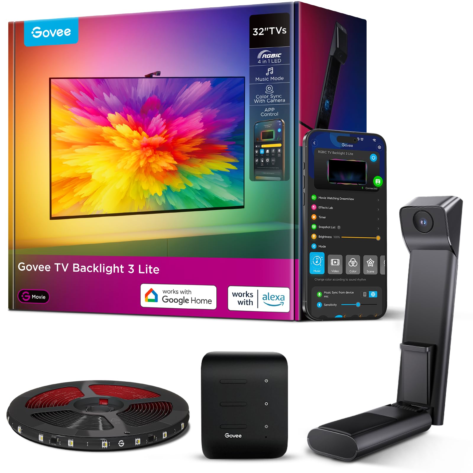 Govee TV Backlight 3 Lite with Fish-Eye Correction Function Sync to 55-65 Inch TVs, 3.6m RGBICW Wi-Fi TV LED Backlight with Camera, 4 Colours in 1 Lamp Bead, Voice and APP Control, Adapter