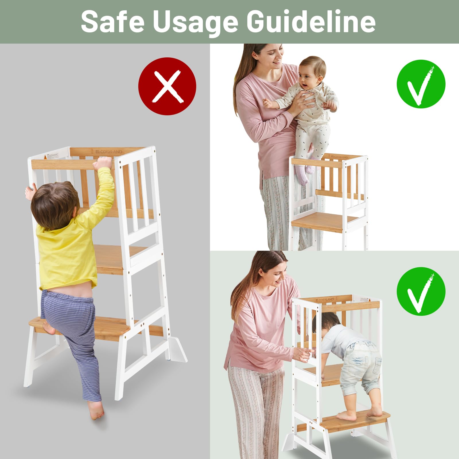 COSYLAND Height Adjustable Kids Kitchen Step Stool with Anti-tip Support Corners - Kids Standing Tower for Kitchen Counter, Bathroom, Nursery (Black)