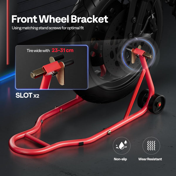 SPECSTAR Motorcycle Paddock Stand Combo 400kg Capacity Front and Rear Wheel Lift with U & L Fork Adjustable Swingarm Spool Stands for Motorbike Garage Repair Use Scissor Stand with 4 Wheels