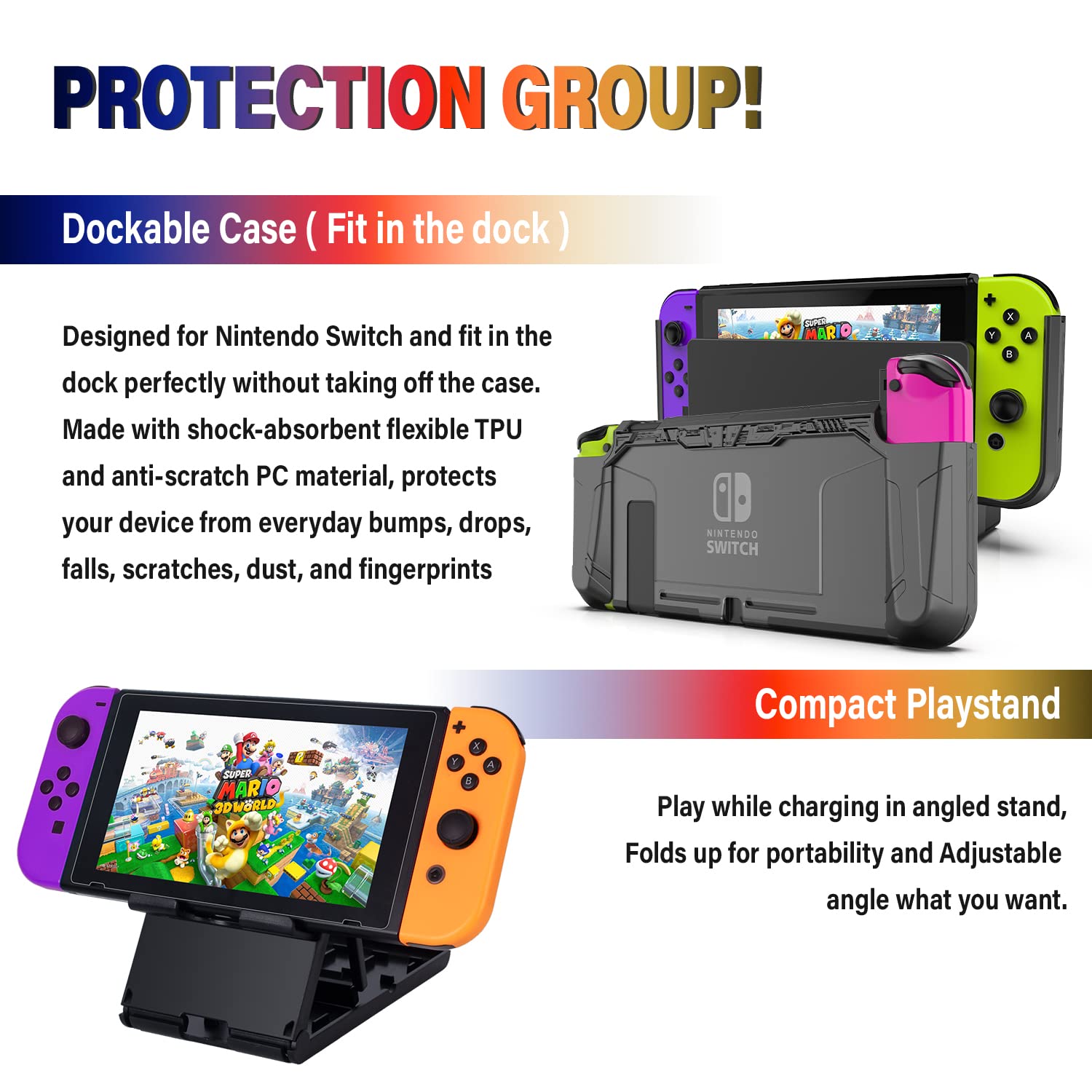 Deruitu Switch Accessories Bundle Compatible with Nintendo Switch, Kit with Carrying Case, Screen Protector, Compact Playstand, Game Case, Joystick Cap, Charging Dock,Steering Wheel