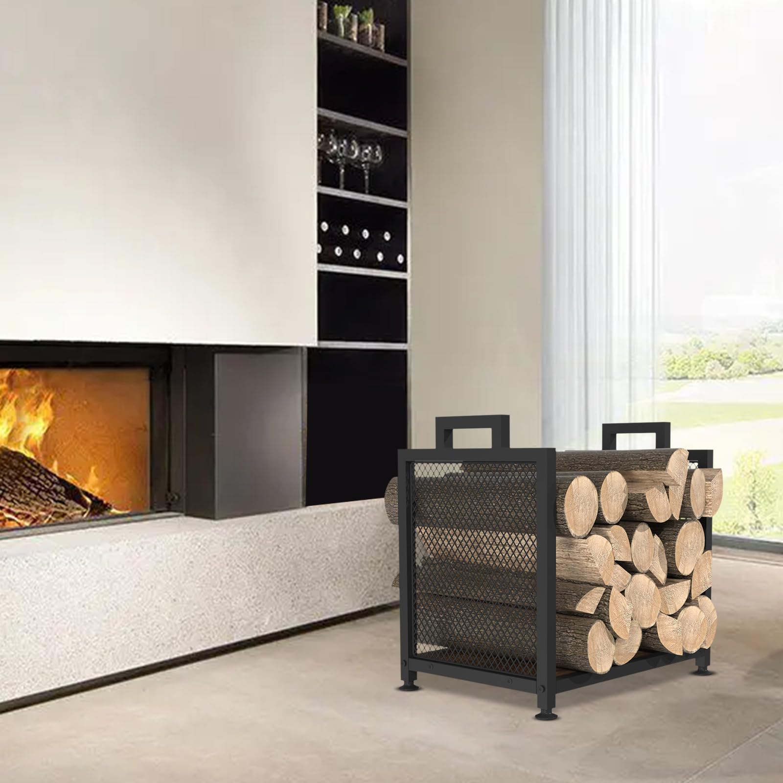 Firewood Rack for Indoor, Heavy Duty Fire Wood Racks Holder, 17.32" Metal Wood Storage Log Holder with Leather Carrier, Small Firewood Stand for