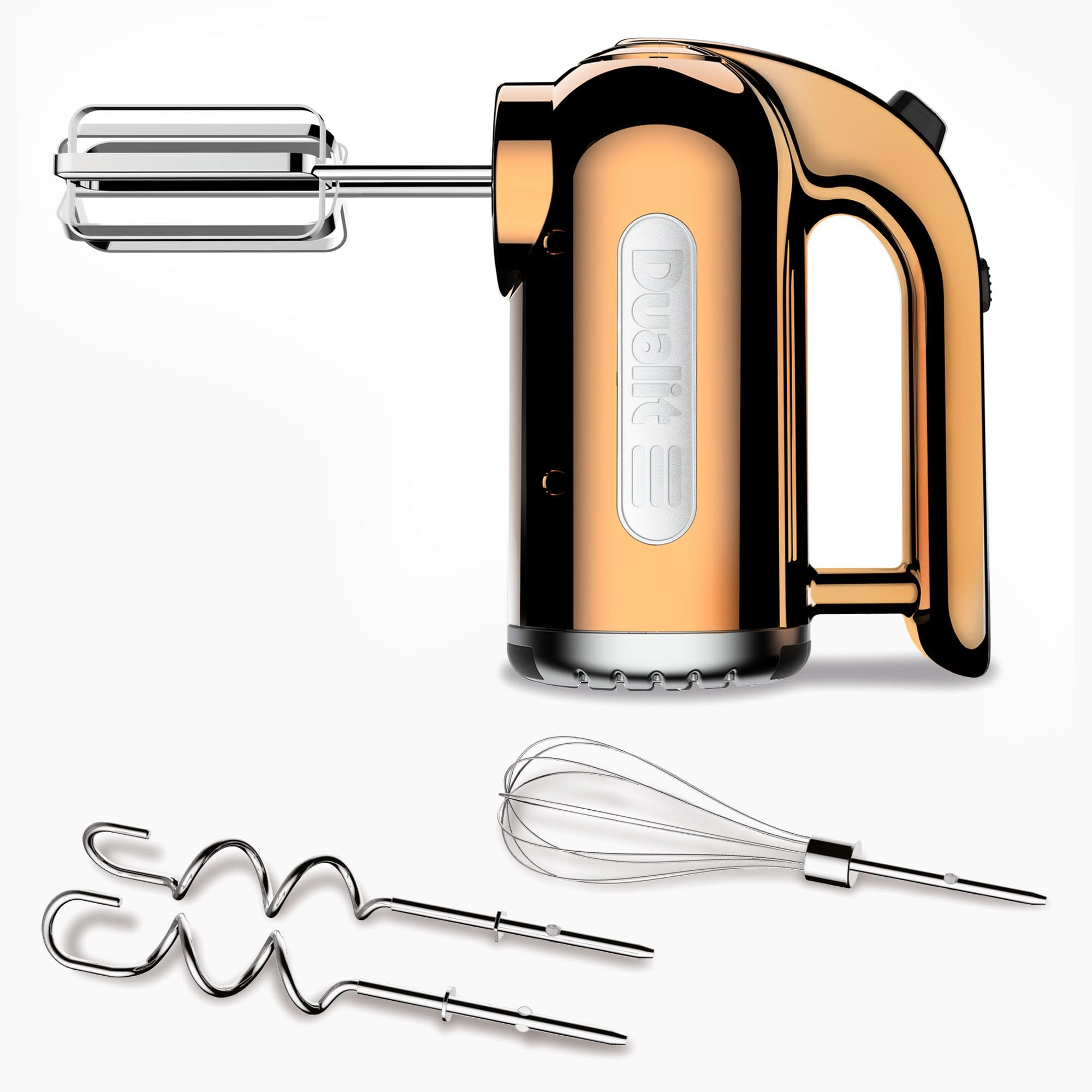 Dualit Hand Mixer Copper - 400W - Strong Grip Handle - Attachments Included - Integral Plug Storage - 4 Speed Settings - Repairable gears - Flat