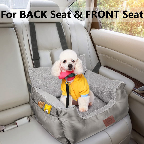GoFirst Dog Car Seat for Small Dogs or Cats, Pet Booster Seat Travel Car Bed with Storage Pocket and Clip-On Safety Leash, Waterproof Warm Plush Dog Car Safety Seats,Black