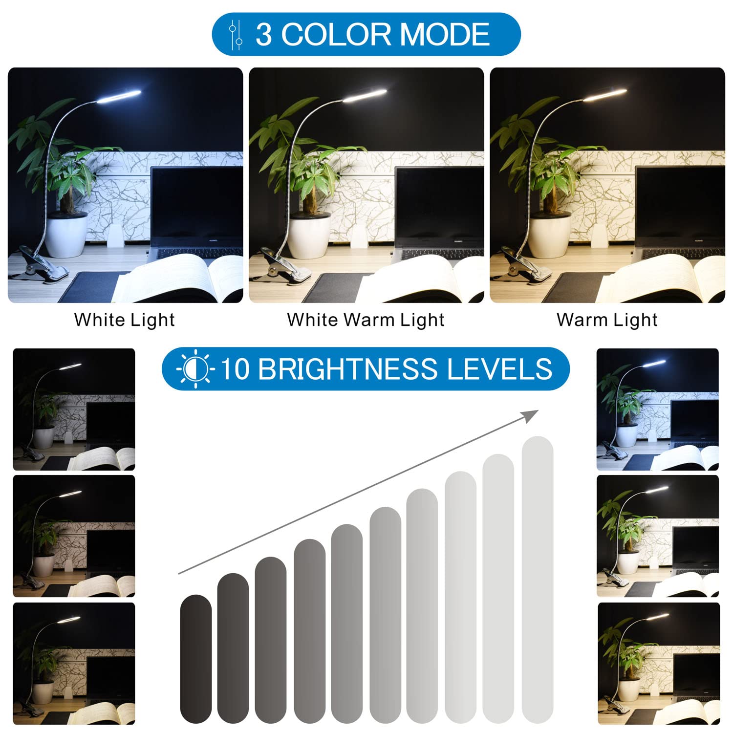KNAMKY USB LED Desk Lamp Clip On Light, 3 Light Mode 10 Dimmable Brightness Eye Caring Book Adjustable for Reading Studying Working Video Conference Lighting (Black)