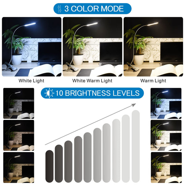 KNAMKY USB LED Desk Lamp Clip On Light, 3 Light Mode 10 Dimmable Brightness Eye Caring Book Adjustable for Reading Studying Working Video Conference Lighting (Black)