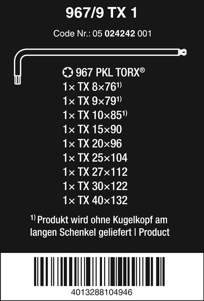 Wera 967 PKL TORX® Ball-end BlackLaser L-key set in a two-component clip, 9pc, 05024242001