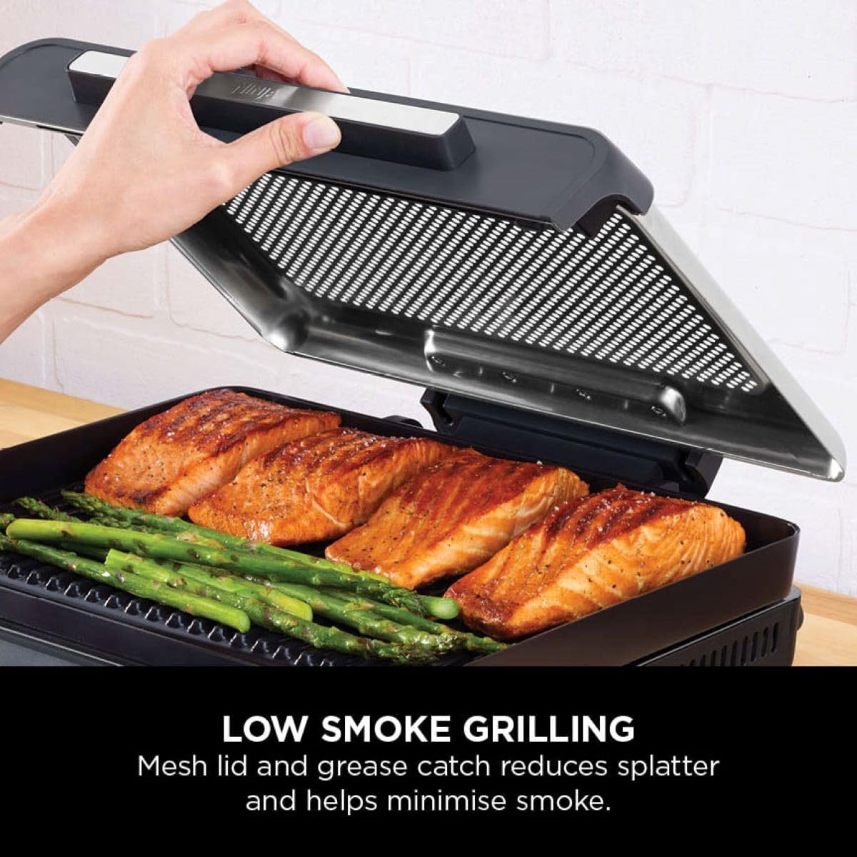 Ninja Sizzle Low Smoke Electric Indoor Grill & Flat Plate, 1460W, with Non-Stick Grill Plate & Flat Top Plate, Detachable Dishwasher Safe Lid, Grease Catch & Recipe Guide, Grey GR101UK