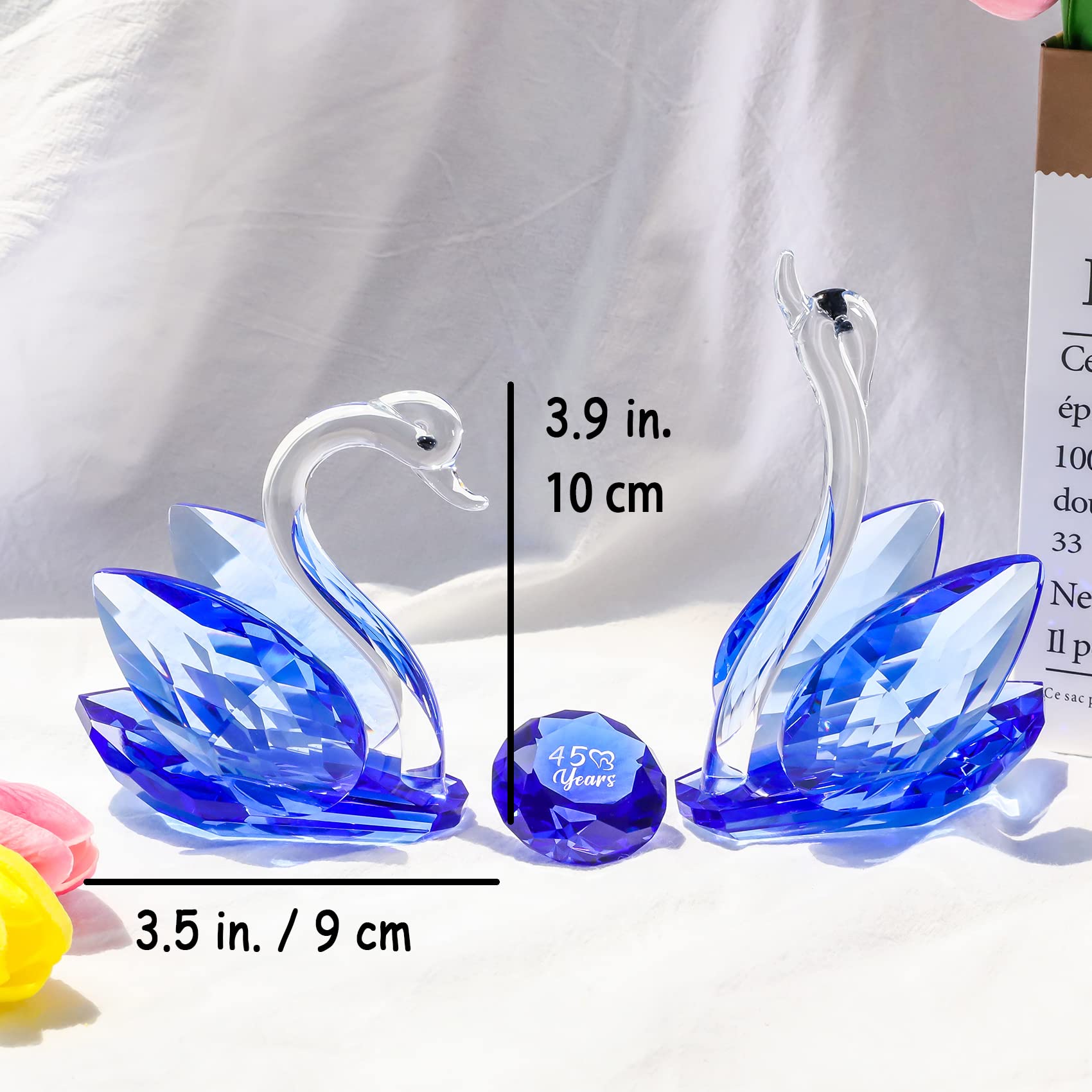 2PCS Crystal Swans Ornaments Gifts for Couple, Glass Figurines Collectibles With Sapphire Diamond 45th Anniversary Wedding Presents for Parents (45