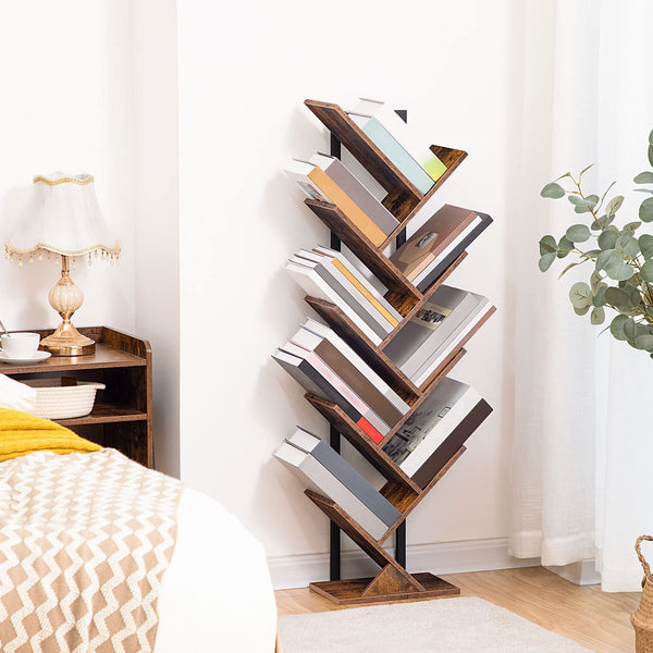 HOOBRO Tree Bookshelf Tall, 9-Tier Floor Standing Book Shelf, Tall Bookcase for CDs Albums, for Living Room, Rustic Brown and Black EBF08SJ01G1
