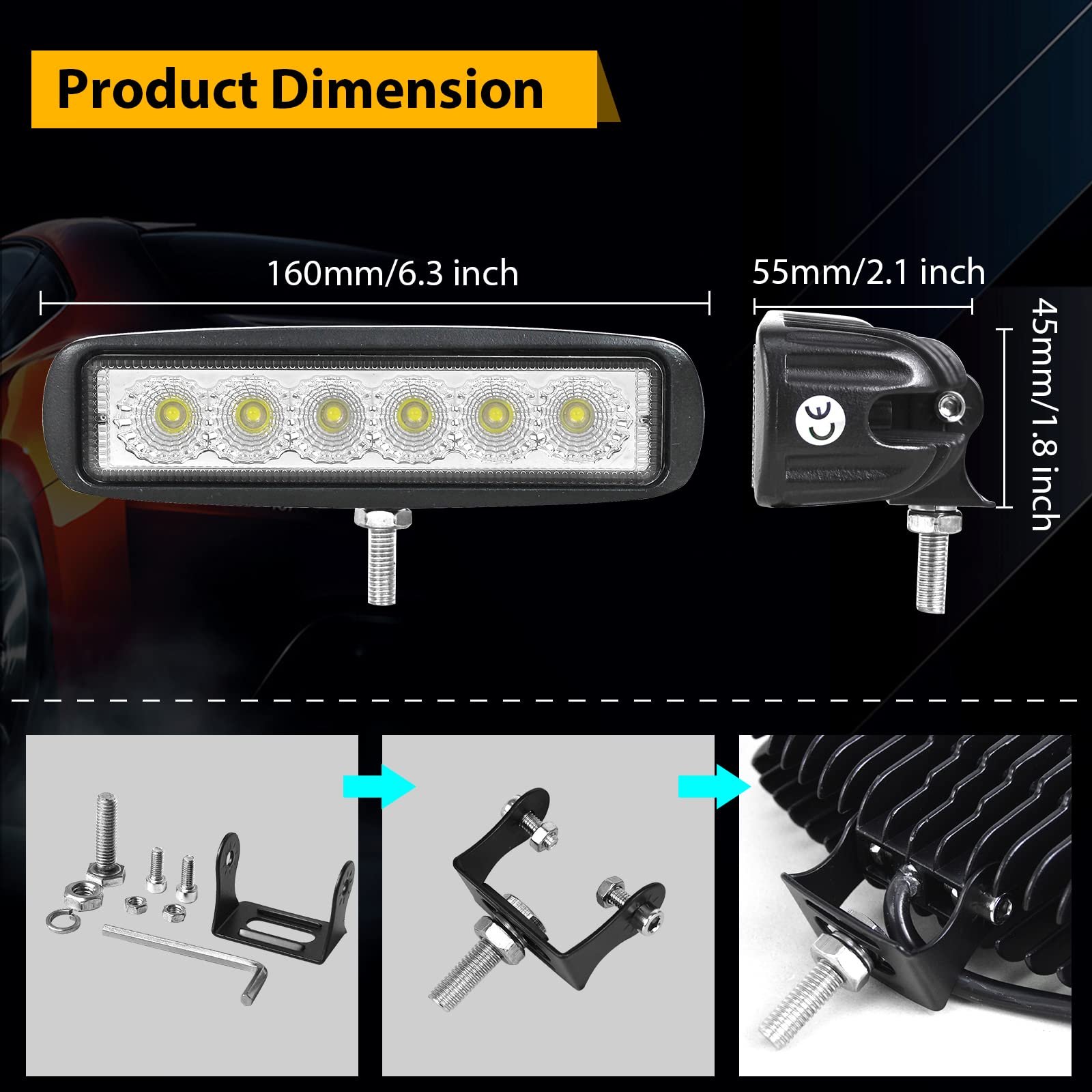 RIGIDON 2 Pcs Led Work Light Bar, 6 inch 18W Flood Beam, 12V 24V Driving Lights Lamp for Car Off road Boat Truck 4x4 SUV ATV Tractors Excavator, 6000K White, Fog Lamp