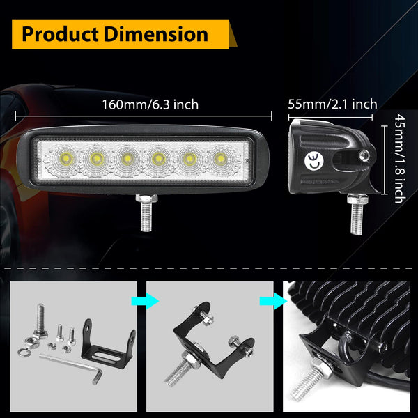 RIGIDON 2 Pcs Led Work Light Bar, 6 inch 18W Flood Beam, 12V 24V Driving Lights Lamp for Car Off road Boat Truck 4x4 SUV ATV Tractors Excavator, 6000K White, Fog Lamp