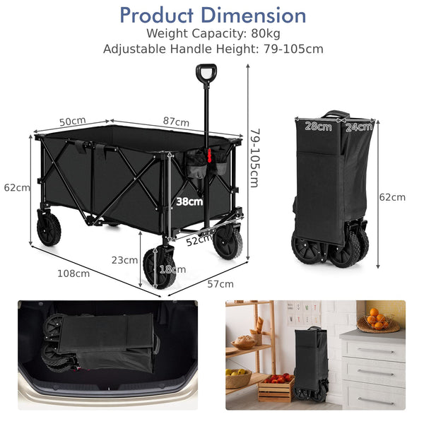 COSTWAY Folding Camping Wagon, Collapsible Beach Garden Trolley with Cup Holders and Adjustable Handle, Canvas Transport Utility Cart for Shopping Gardening Sporting Events (Navy Blue)
