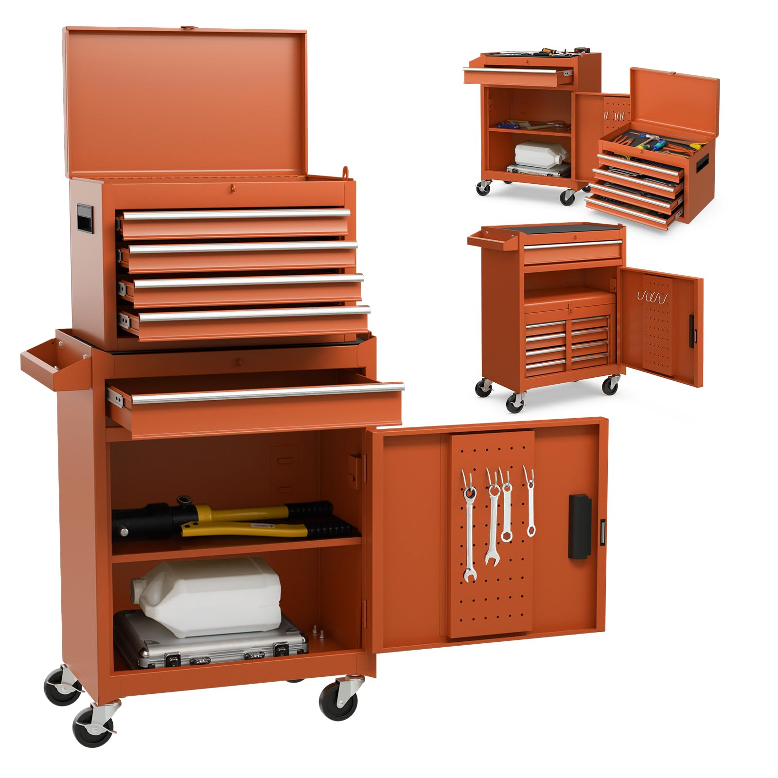 COSTWAY Large Rolling Tool Cabinet, 2-in-1 Detachable Metal Tool Chest with Drawers, Wheel, Handle, Hooks & Pegboard, Lockable Tool Box Trolley for Garage Workshop (with Middle Compartment, Black)