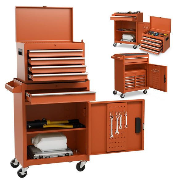 COSTWAY Large Rolling Tool Cabinet, 2-in-1 Detachable Metal Tool Chest with Drawers, Wheel, Handle, Hooks & Pegboard, Lockable Tool Box Trolley for Garage Workshop (with Middle Compartment, Black)