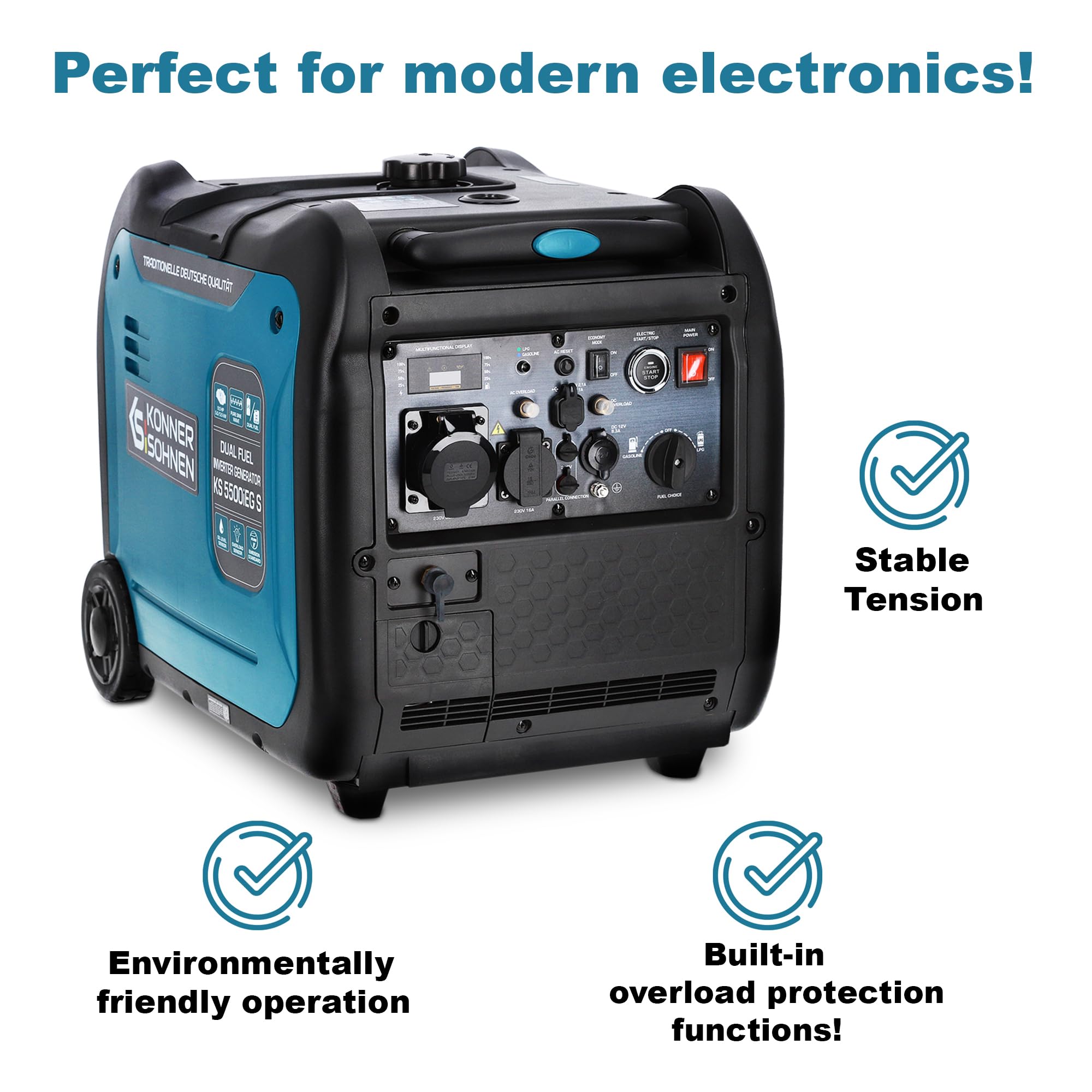 Könner & Söhnen KS 3100iG S portable LPG/petrol inverter generator 3100 W,UK Plug Socket 1x13 A (230 V), 2 USB ports,copper winding,silent inverter generator,dual fuel generator