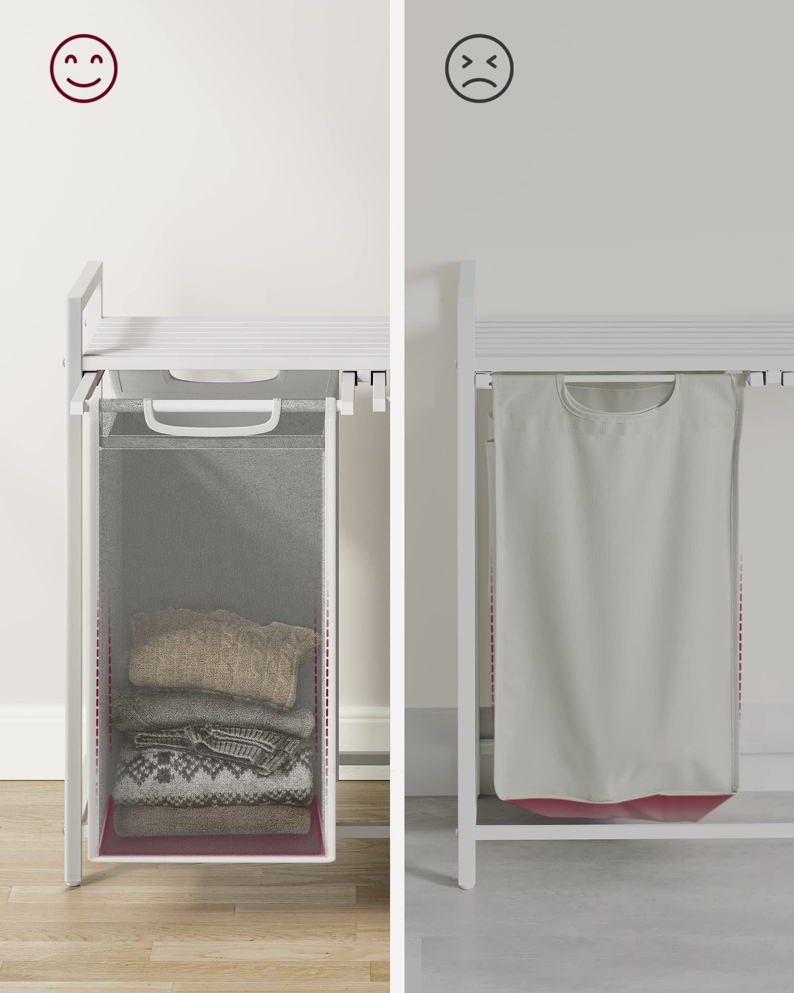 VASAGLE Laundry Basket, Laundry Hamper, Pull-Out and Removable Liner Bag, Shelf, Metal Frame, 65 L, 50 x 33 x 72 cm, Ink Black and Rustic Brown BLH101B01