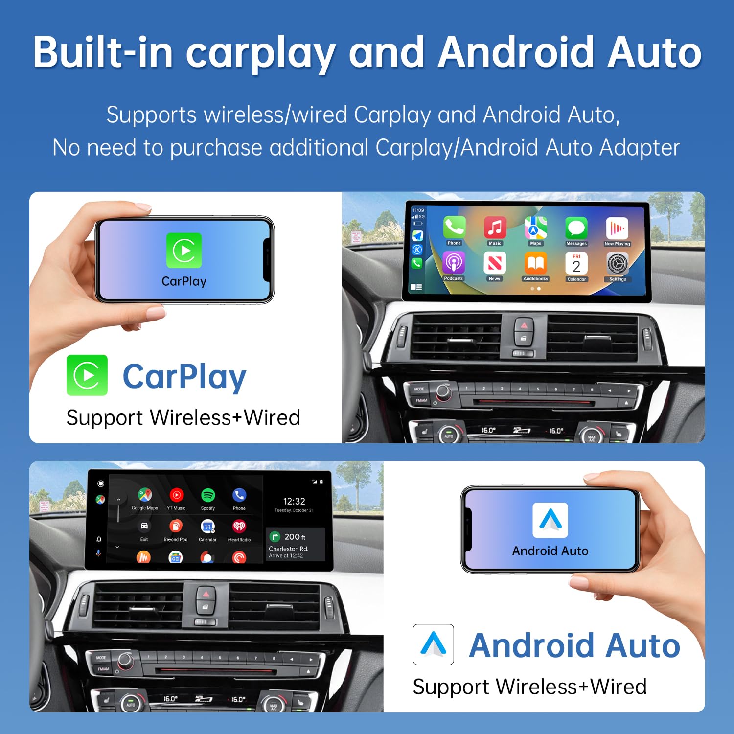 Road Top 12.3 Inch Ultra-Narrow Carplay Touchscreen for BMW 3 & 4 Series F30/F31/F32/F33/F34/F35/F36 2012-2015 Year, Car Stereo Multimedia Radio Receiver, Support Wireless Android Auto, Mirrorlink