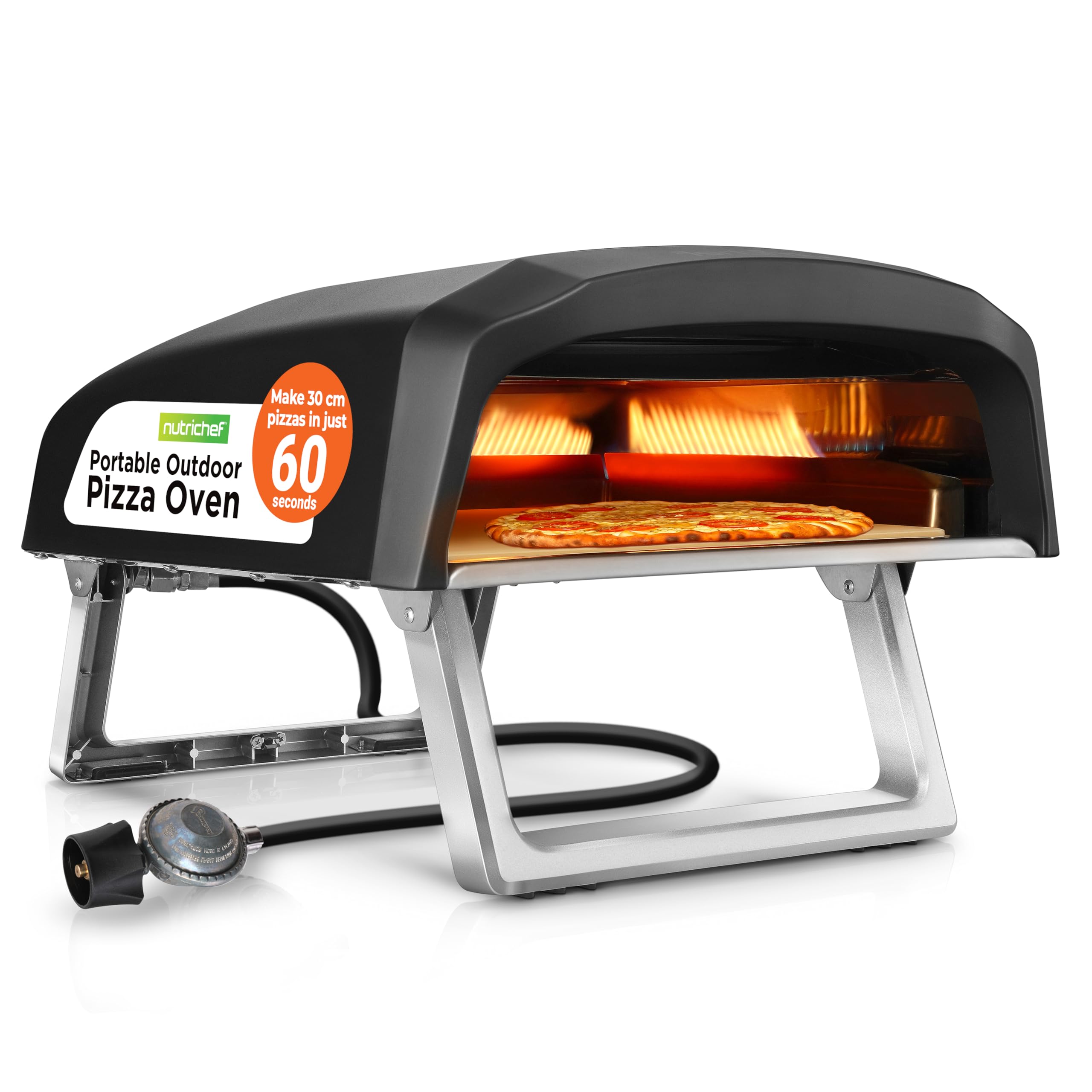 NutriChef Table Top Portable Outdoor Pizza Ovens – 12 inch Gas Pizza Oven, 360° Rotating Pizza Stone, Quick Heating Pizza Maker, Stainless Steel Pizza Grill, Ready Pizza in 60 Seconds, [Long Handle]