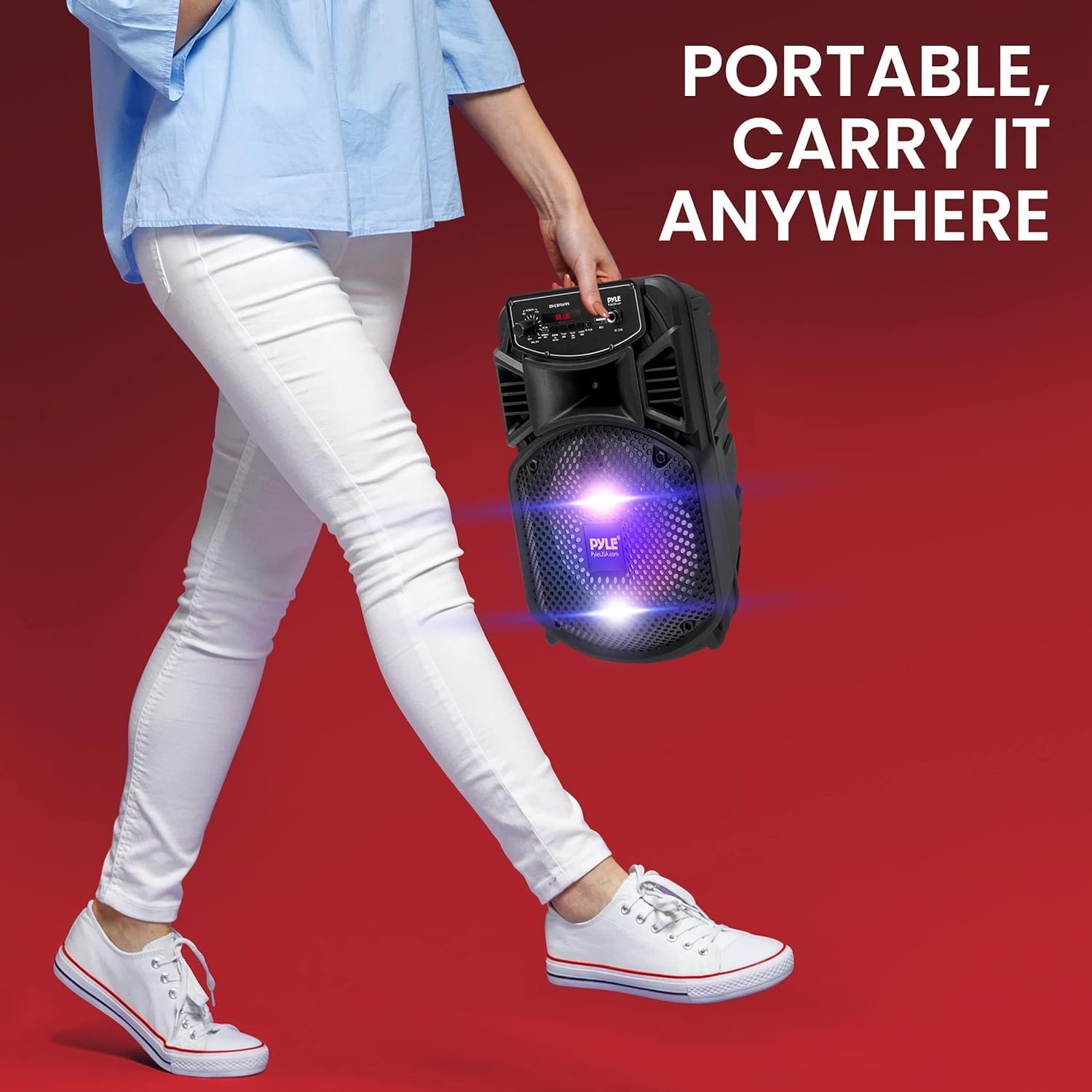 Pyle Wireless Bluetooth Party Speaker, PA Speaker System-300W Rechargeable Outdoor, Portable System w/ 8” Subwoofer 1” Tweeter, Loudspeaker- w/Lights, Mic & Guitar Port, USB/Radio, with Remote