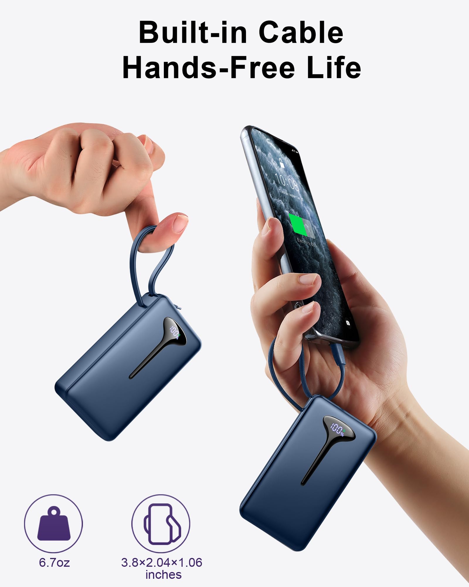 Power Bank Fast Charging, 22.5W Portable Charger 10000mAh, Small Battery Pack USB-C In & Out, Lightweight Powerbank with Built in Cable for iPhone 16/15/14/13/12, Samsung Galaxy, Xiaomi, Android etc