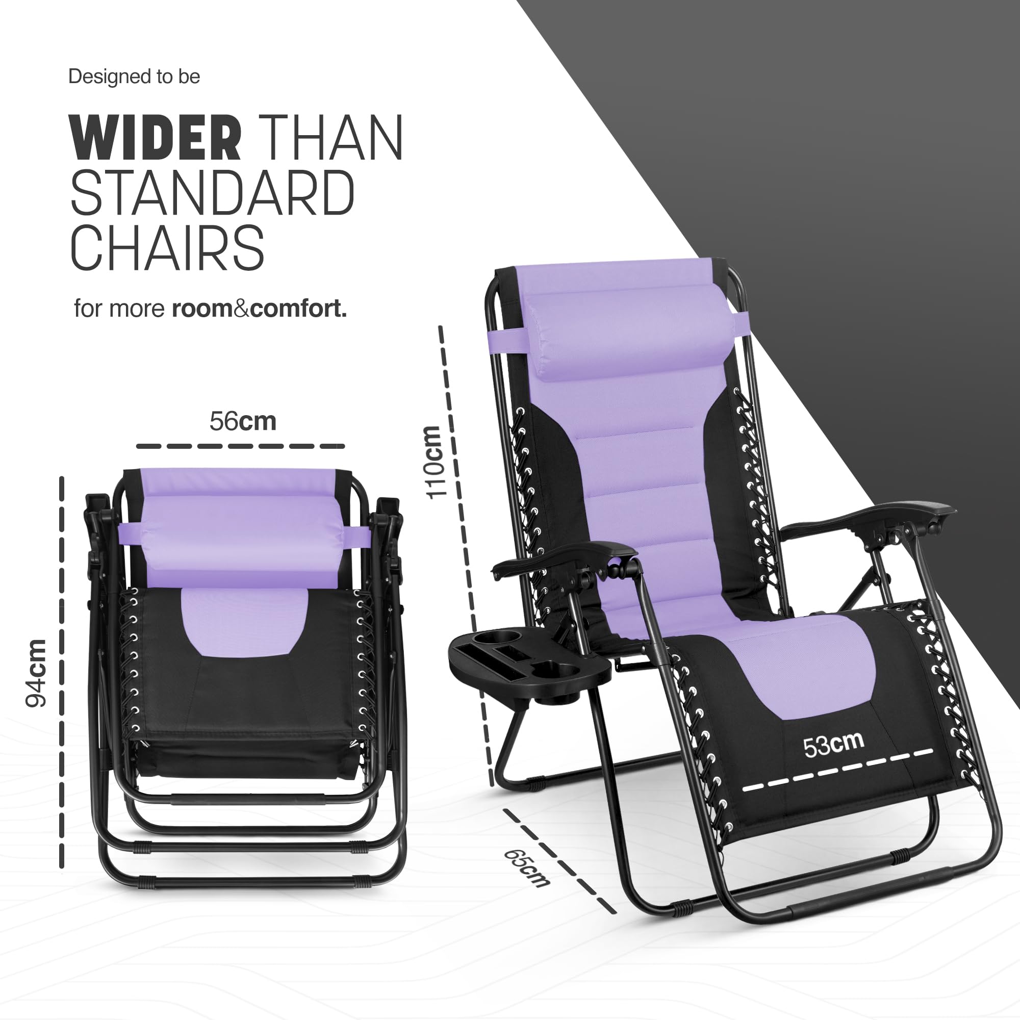 KEPLIN Set of 2 XXL Premium Heavy Duty Padded Zero Gravity Chairs - Luxurious Garden Recliners, Adjustable Headrest, Cup & Phone Holder, Foldable, Easy to Clean Patio Sun Loungers(Black)