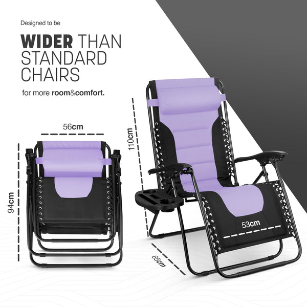 KEPLIN Set of 2 XXL Premium Heavy Duty Padded Zero Gravity Chairs - Luxurious Garden Recliners, Adjustable Headrest, Cup & Phone Holder, Foldable, Easy to Clean Patio Sun Loungers(Black)