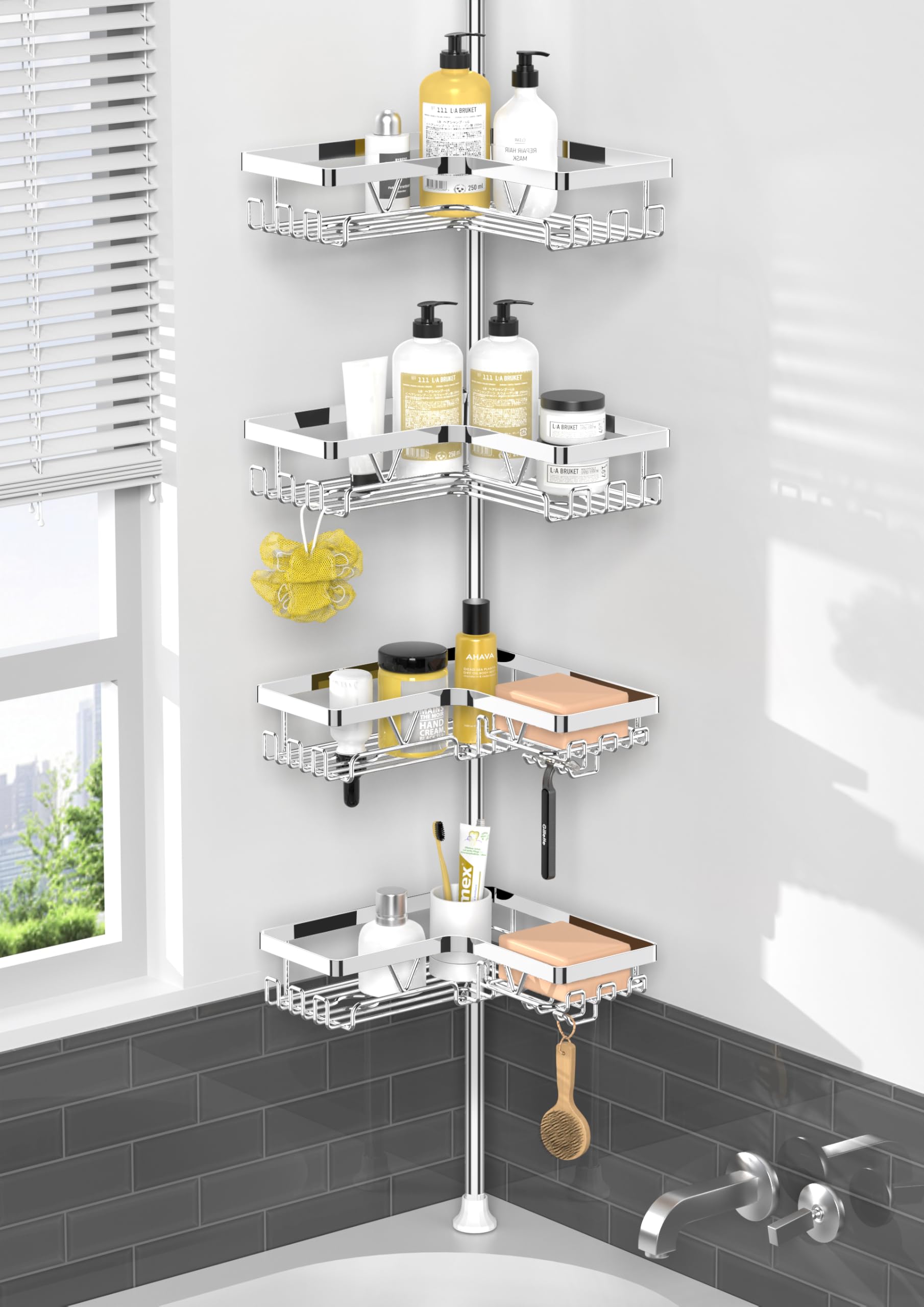 Kegii Telescopic Shower Caddy Corner - Stainless Steel Shower Shelf No Drilling Bathroom Caddy with Soap Holder and Hooks(White), On The Bath or Stand Up Shower