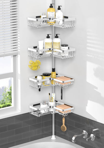 Kegii Telescopic Shower Caddy Corner - Stainless Steel Shower Shelf No Drilling Bathroom Caddy with Soap Holder and Hooks(White), On The Bath or Stand Up Shower