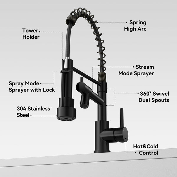 Warmiehomy 5 Modes Kitchen Taps Mixer with Pull Out Spray,High Arc 360° Swivel Dual Spout Pull Down Stainless Steel Kitchen Sink Taps,Brushed Nickel